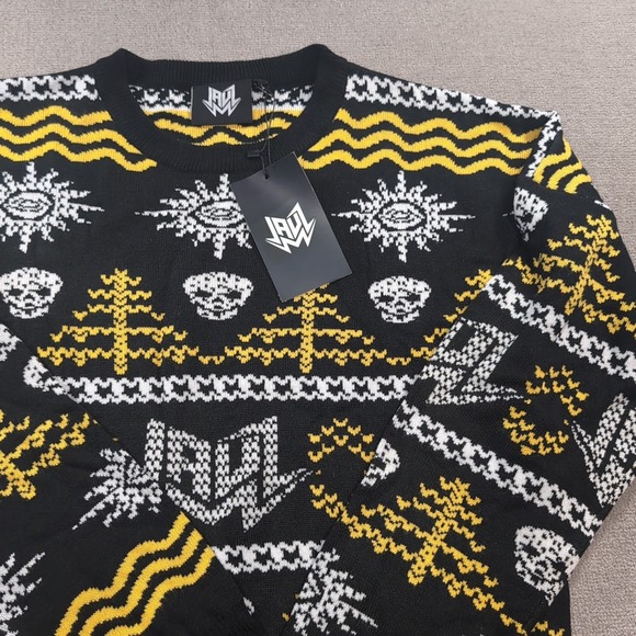JAUL Black NWT Black White Yellow Long Sleeve Pullover Sweater Size Large Skull - Picture 1 of 10